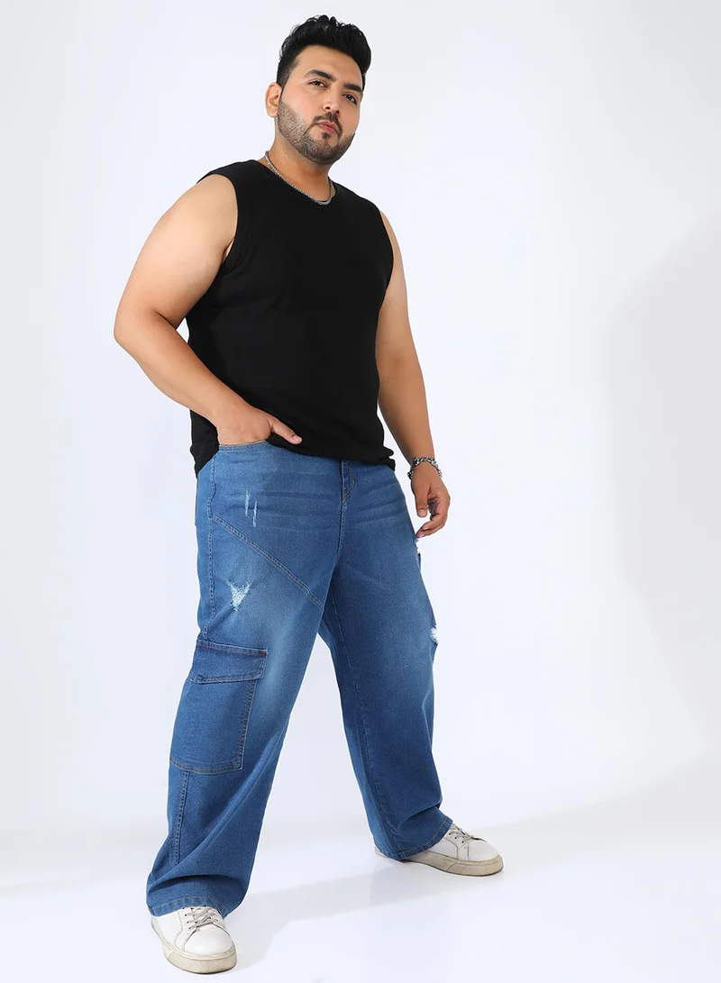 Instafab Plus  Men's Light Blue Asymmetrical Stitch Denim Jeans For Casual Wear | 6 Pockets | Mid-Rise | Button Closure | Plus-Size Denim Jeans Crafted With Comfort Fit For Everyday Wear for Men | Best Price UAE